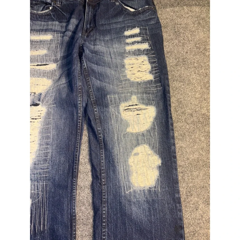 JEANIUS Akademiks Jeans Men 38 Blue Denim Stitch Distressed Stretch Straight Leg